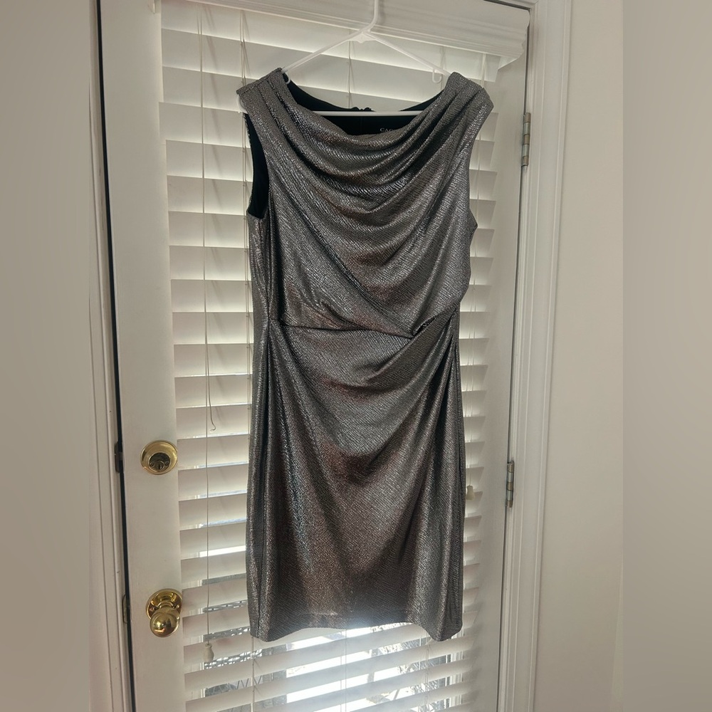 Cachet Metallic Silver Draped Midi Dress